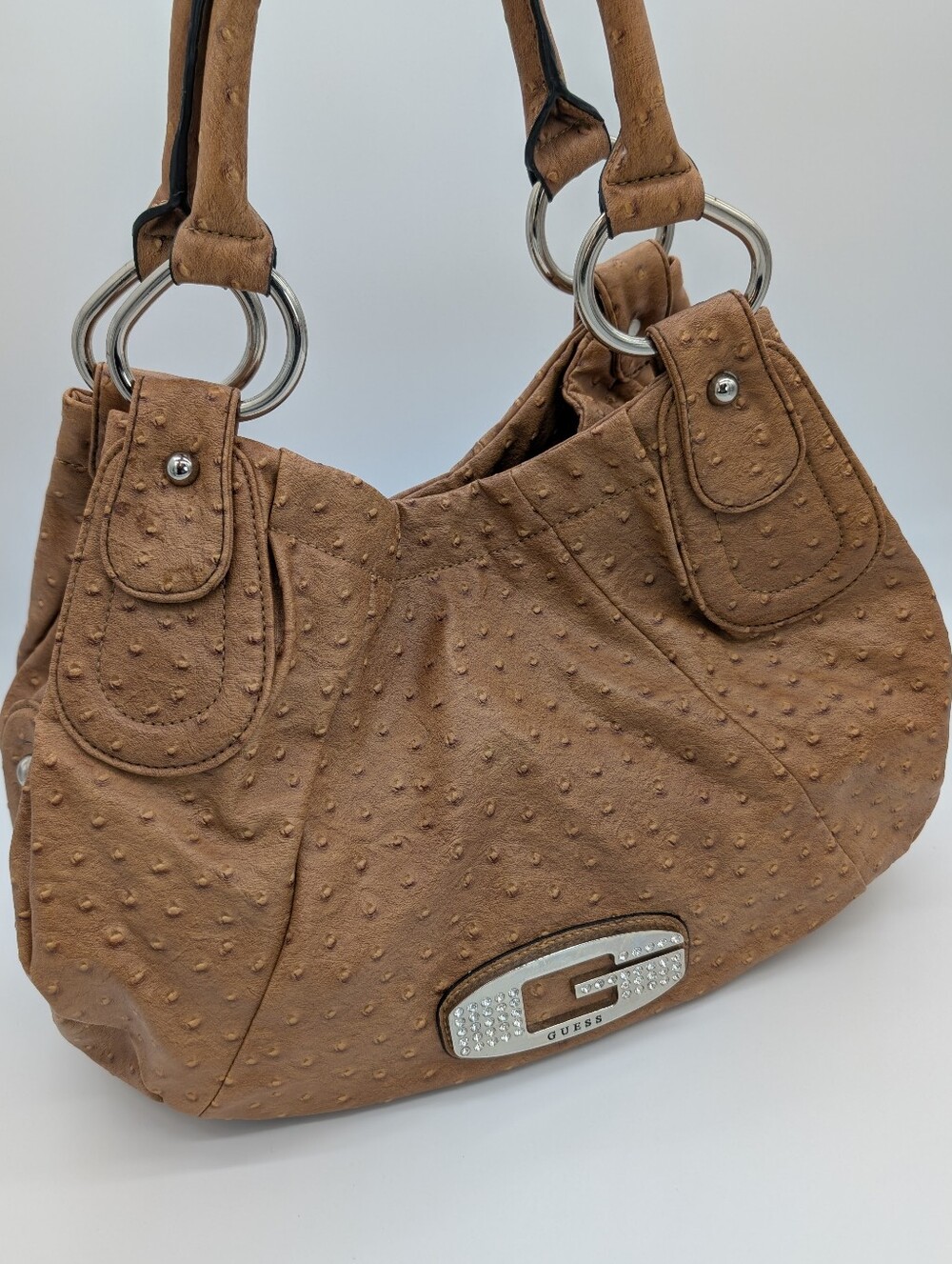GUESS Faux Ostrich Embossed Leather Hobo Bag Tote Vintage Y2K Rhinestone G Logo